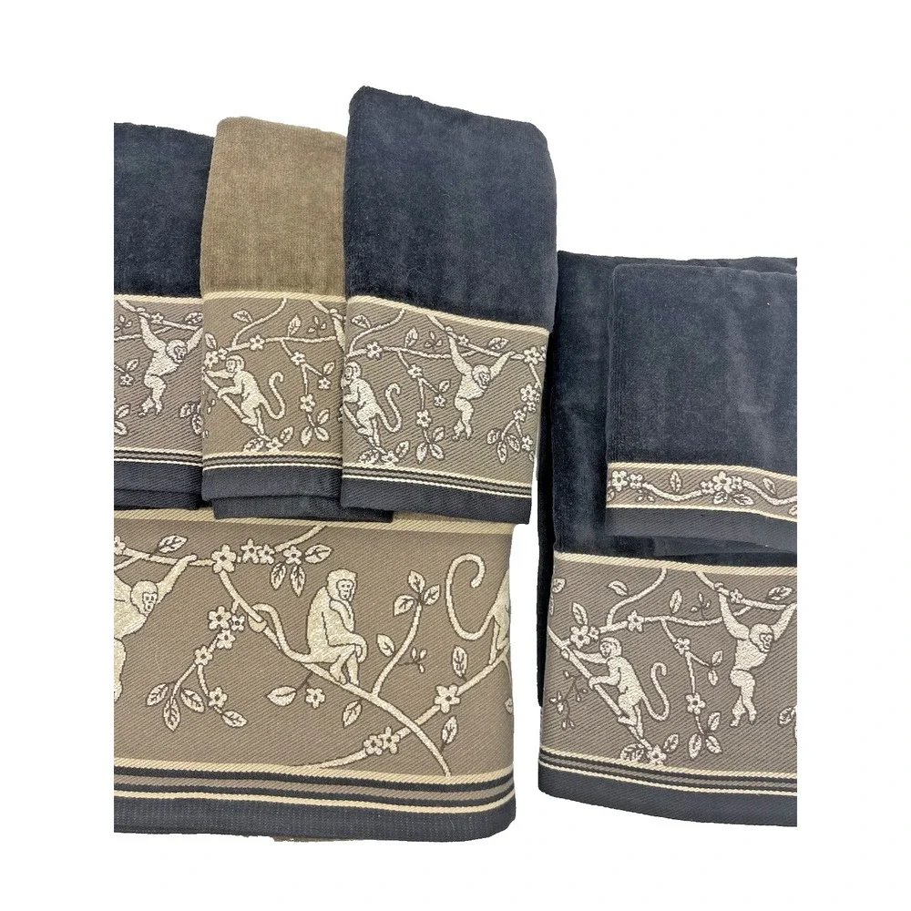 NOS Vintage Hampton Contessa‎ Manor Tapestry Monkeys Brown Towel Set of 6 NEW